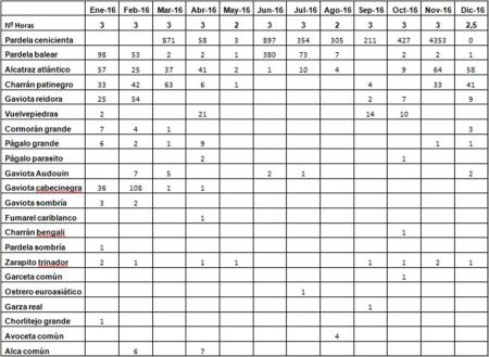 Tabla de especies observadas